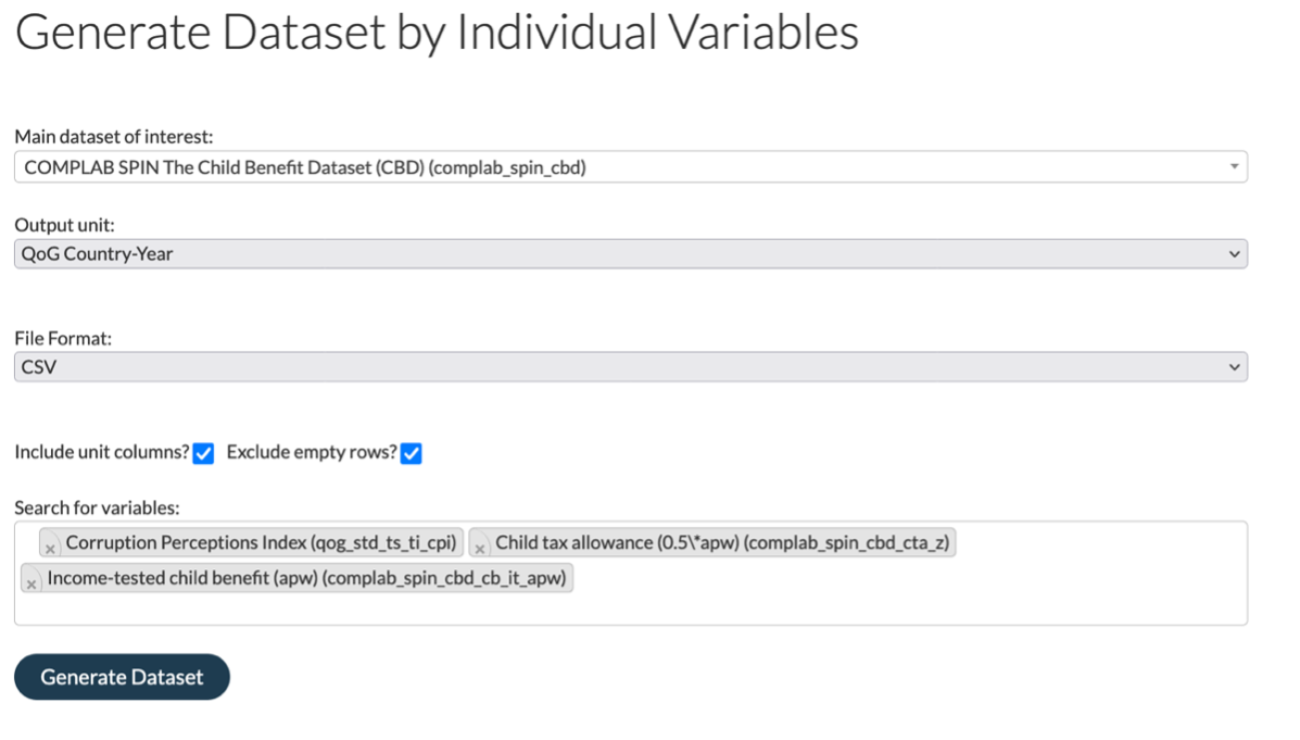 Generate dataset by individual variables